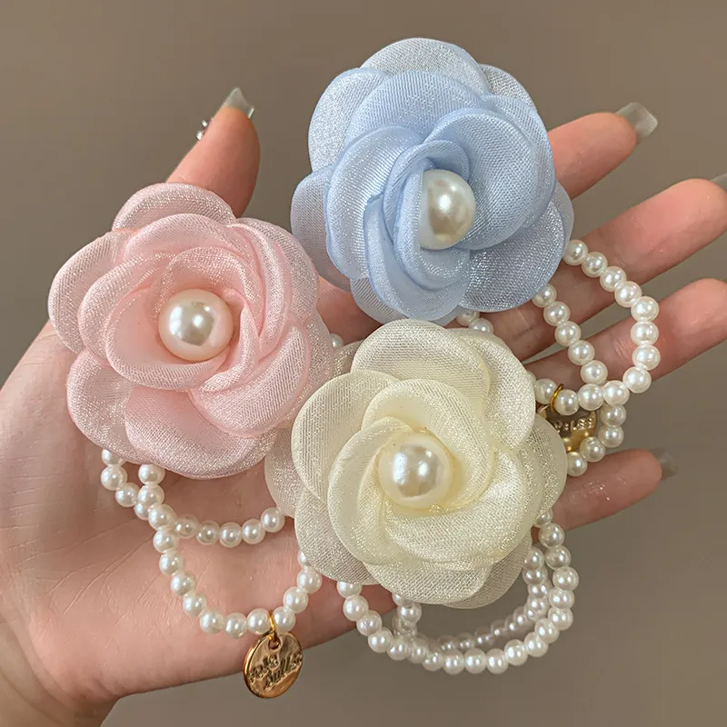 Ethereal Camellia Flower Pearl Hair Tie for Women – Vintage Floral Hair Rope, 2-in-1 Bracelet & Hair Accessory, Premium Elastic Headwear with Elegant Design